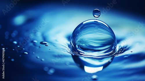 Single water drop, ball, bubble in smooth water surface and blue background, macro image