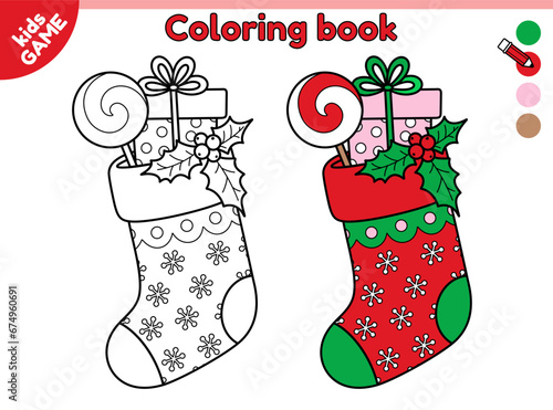 Page of kids coloring book with Christmas stocking. Color outline cartoon Xmas sock with gift, lollipop and mistletoe. Activity for children. Vector contour illustration of holiday winter red sock.