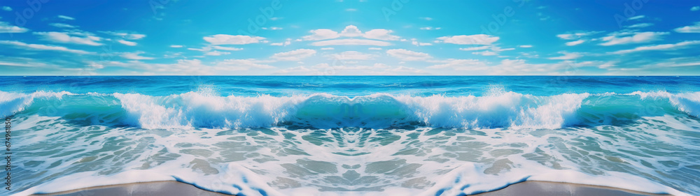 Waves of ocean water or sea in summer,  bright blue and turquoise colors in early morning sun light cloudy sky, background panorma banner