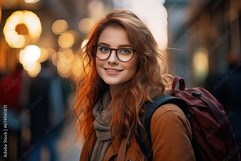 Uśmiechnięta studentka w okularach i z plecakiem, spacerująca po ulicach miasta.  - obrazy, fototapety, plakaty 