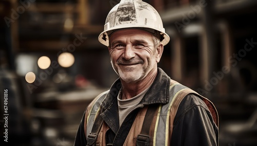 Uśmiechnięty i zadowolony z pracy pracownik budowlany w kasku ochronnym na budowie.  photo