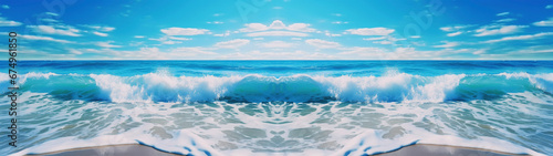 Waves of ocean water or sea in summer, bright blue and turquoise colors in early morning sun light cloudy sky, background panorma banner