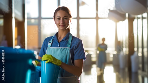 Beautiful young cleaning lady wearing blue apron and yellow gloves smiling and looking at the camera. Holding the blue plastic buckets she used for cleaning the floor, blurred background