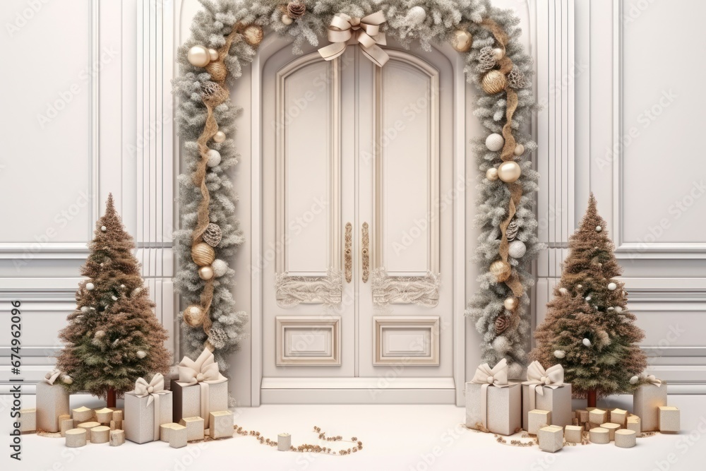 Elegant and luxurious Christmas door decoration isolated on white background with copy space. Christmas tree and decoration