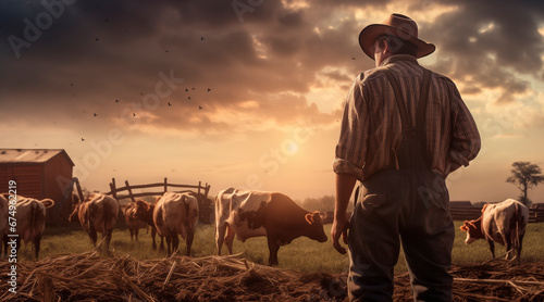 a farmer man in a field  cows background