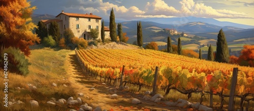 In the summer against the backdrop of Chianti s breathtaking landscape surrounded by lush green fields and towering trees one can bask in the warm sun while savoring a glass of exquisite whi photo