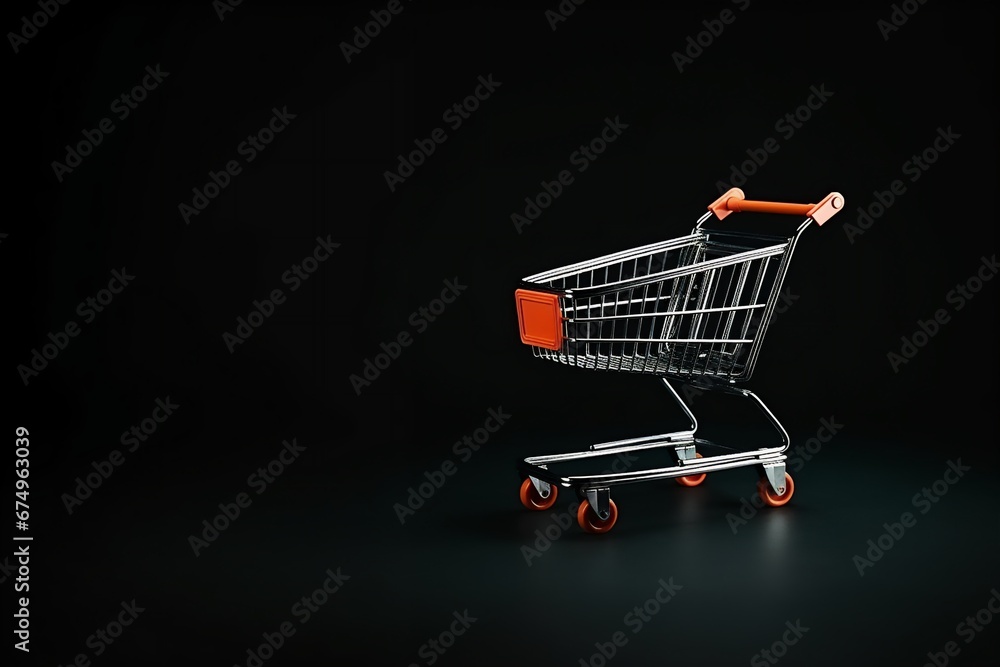 Metal trolley on wheels from a supermarket on a black background.