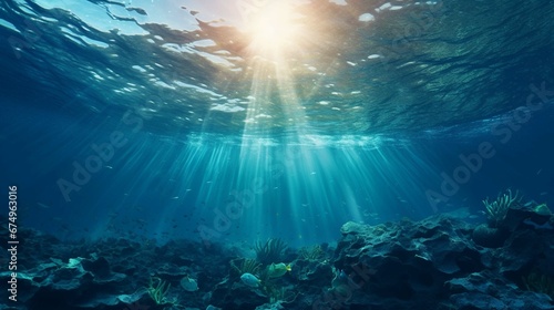 Beautiful blue ocean background with sunlight and undersea scene photography