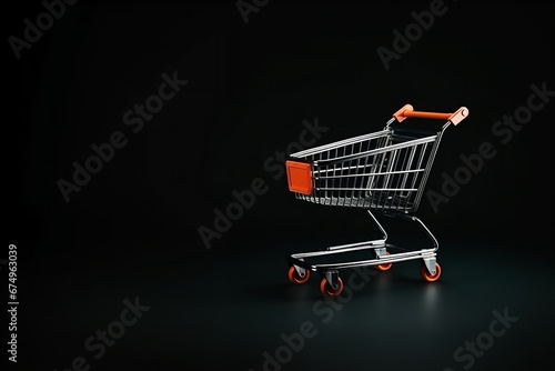 Metal trolley on wheels from a supermarket on a black background.