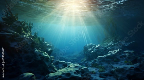 Beautiful blue ocean background with sunlight and undersea scene photography