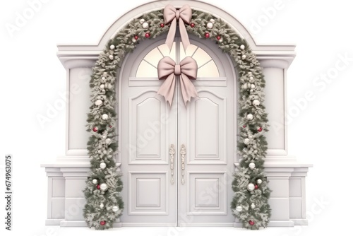 Elegant and luxurious Christmas door decoration isolated on white background with copy space. Christmas tree and decoration