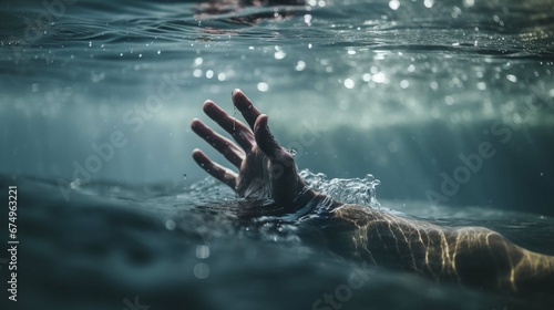Despair drowning hand underwater danger help accident on urgency sos dangerous water background of emergency problem rescue ocean swimming warning risk or saving life reaching hopeless alone concept. 