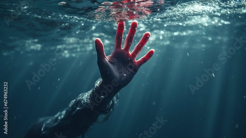 Despair drowning hand underwater danger help accident on urgency sos dangerous water background of emergency problem rescue ocean swimming warning risk or saving life reaching hopeless alone concept. 