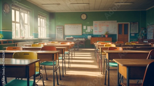 Empty Classroom. Back to school concept in high school. Classroom Interior Vintage Wooden Lecture Wooden Chairs and Desks. Studying lessons in secondary education photography