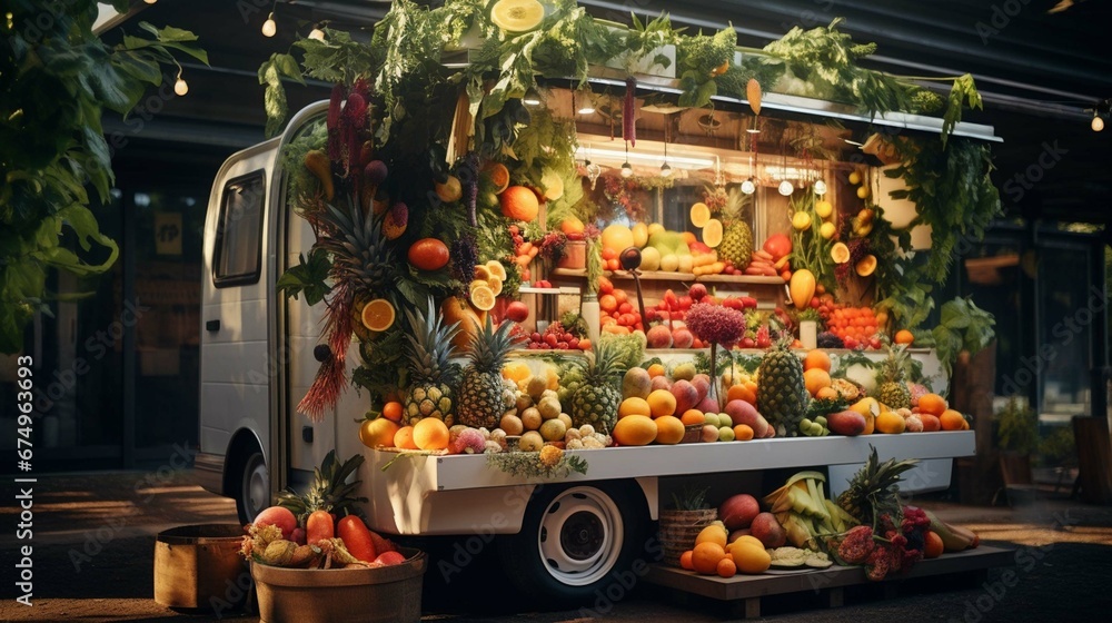 Sustainable Transport for Conscious Eating Vegan Fruit Truck photography ::10 , 8k, 8k render  - obrazy, fototapety, plakaty 
