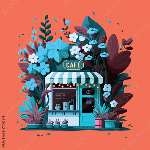 vector illustration of a cafe, flat design, flat illustration, night cafe, light in the window, cozy cafe, house in flowers, shop window, street flowers, city, building, lantern light, night city