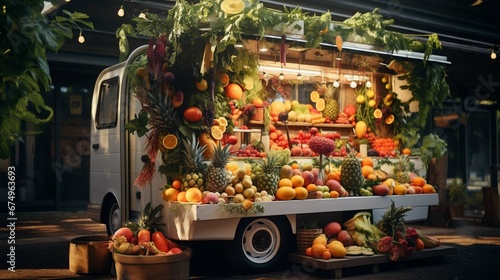 Sustainable Transport for Conscious Eating Vegan Fruit Truck photography ::10 , 8k, 8k render  photo