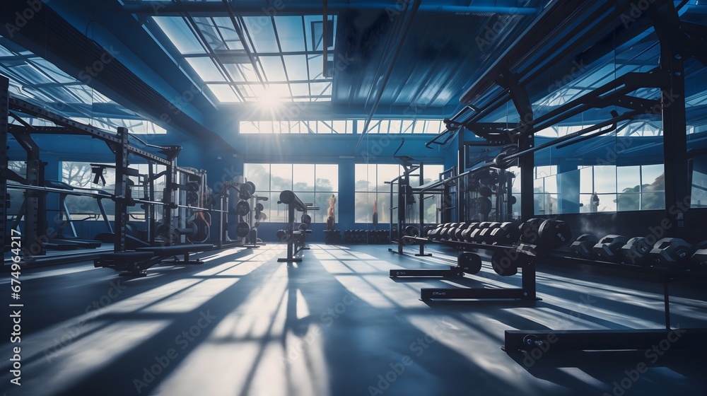 Morning sun rays coming through the clean and transparent gym windows creating shadows in an empty modern fitness room interior full of weights, bars and racks Morning sun rays coming through the clean and transparent gym windows creating shadows in an empty modern fitness room interior full of weights, bars and racks