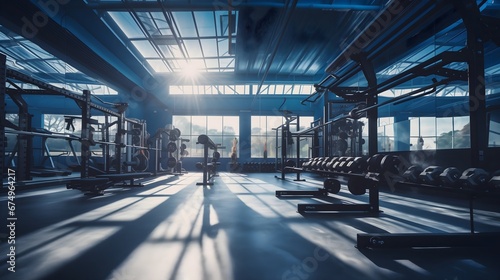 Morning sun rays coming through the clean and transparent gym windows creating shadows in an empty modern fitness room interior full of weights, bars and racks 