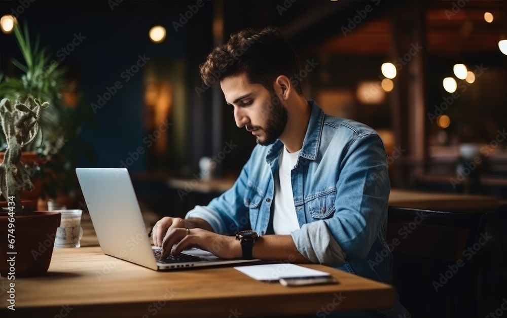 Skilled student typing a studying plan in laptop sitting in coworking space Skilled student typing a studying plan in laptop sitting in coworking space