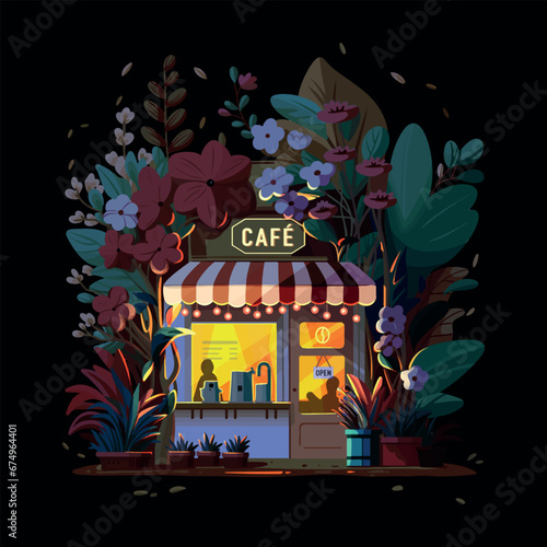 vector illustration of a cafe, flat design, flat illustration, night cafe, light in the window, cozy cafe, house in flowers, shop window, street flowers, city, building, lantern light, night city