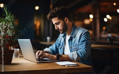 Skilled student typing a studying plan in laptop sitting in coworking space
