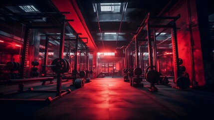 Wide angle photography of an empty modern gym interior full of weights, bars and racks. Strong artificial red lighting illuminating the room, nighttime shadows