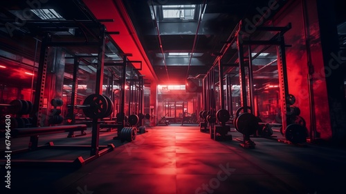 Wide angle photography of an empty modern gym interior full of weights, bars and racks. Strong artificial red lighting illuminating the room, nighttime shadows