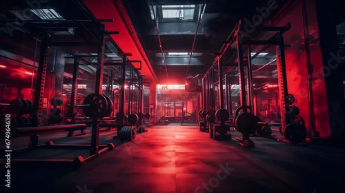 Panel kuchenny z motywem Wide angle photography of an empty modern gym interior full of weights, bars and racks. Strong artificial red lighting illuminating the room, nighttime shadows