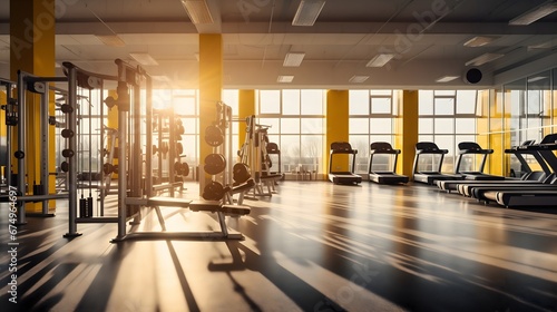 Morning sunshine coming through the clean and transparent gym windows creating shadows in an empty modern indoor fitness room interior full of treadmills, racks and machines photo
