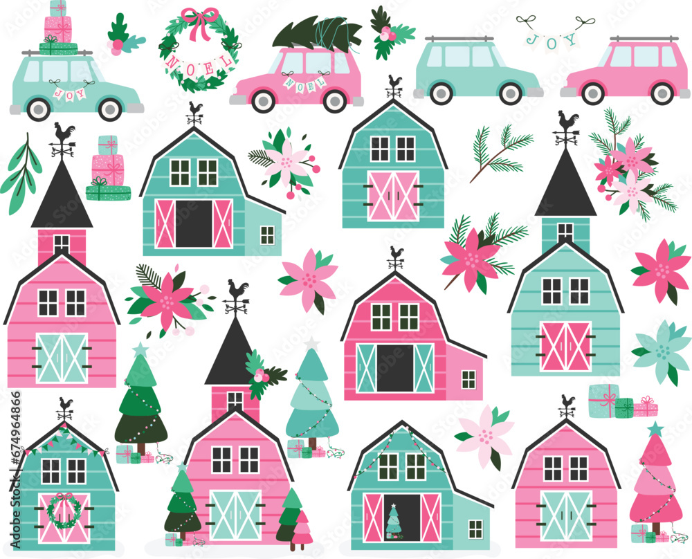 Christmas Farmhouse, Farm decor, pink and blue