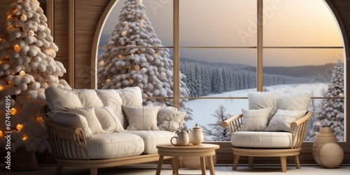 Christmas tree in the room, white, wooden, cottage house