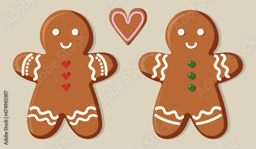 Cute gingerbread cookie man and woman with heart