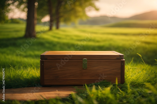wooden box in the field with nature hills background, Mock up template, display of product.