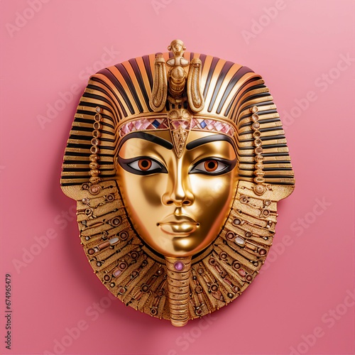 Egyptian golden mask isolated on pink background .