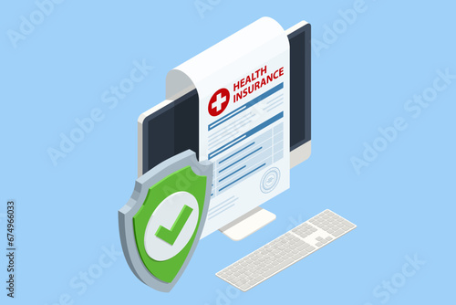 Isometric Health insurance concept. Medical insurance, healthcare medical, life, car, home, travel insurance