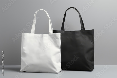 Minimalist Black and White Tote Bags on Gray Background