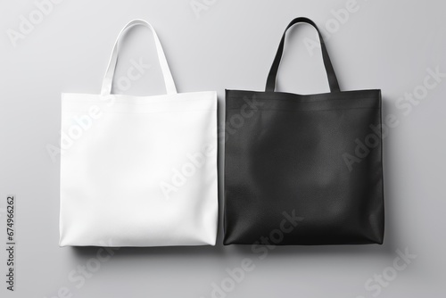 Minimalist Black and White Tote Bags on Gray Background photo