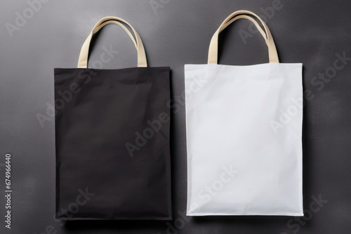 Two Tote Bags mockup, top view on grey background