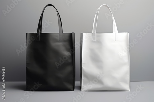 Two Minimal and Chic Black and White Tote Bags on grey background