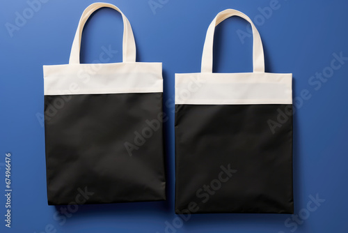 top view Black and White Tote Bags on Blue Background