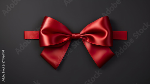A red ribbon bow adorns the scene on a dark background. Ribbon tied in the shape of a bow in a refined design. Decorative element for festivity.