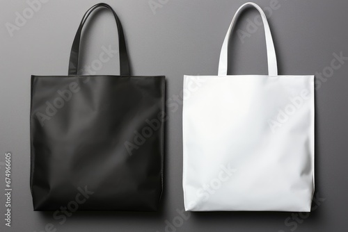 White and black tote bags mockup on a grey background