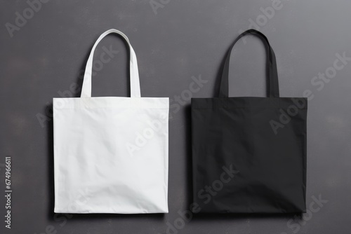 White and black tote bags mockup on a grey background photo