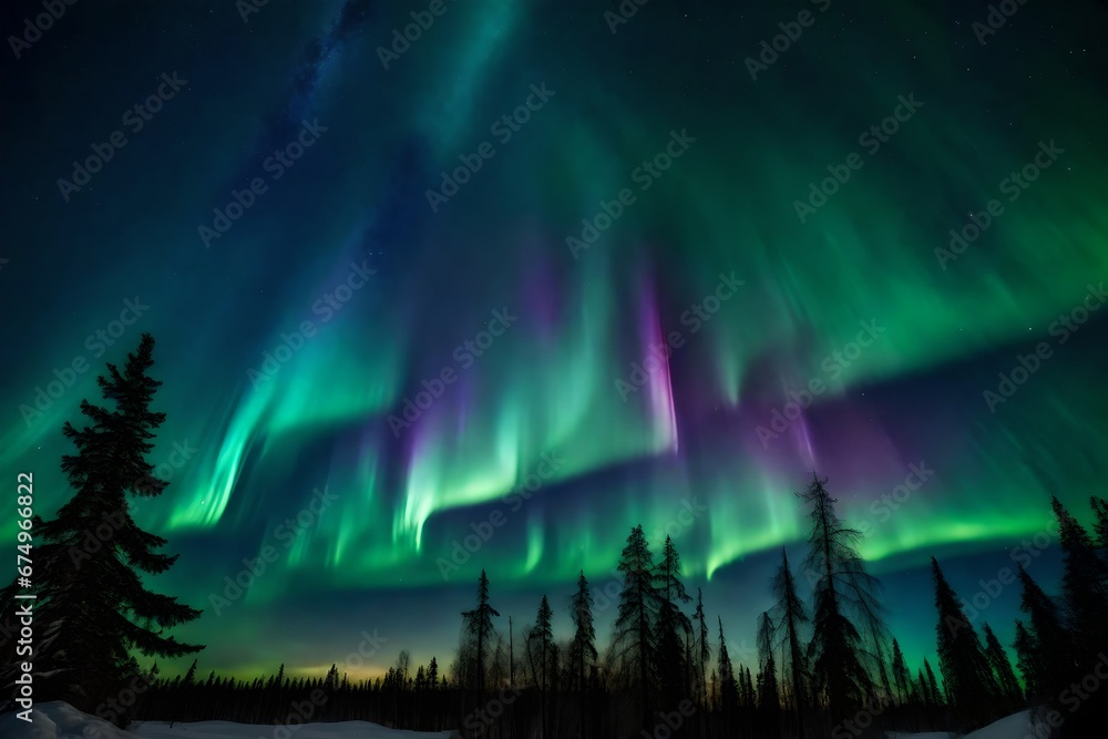 aurora borealis over the forest generated by AI technology	