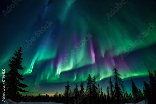 aurora borealis over the forest generated by AI technology 