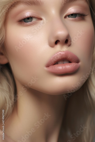 Close up lips photography. Beautiful young woman with blonde hair