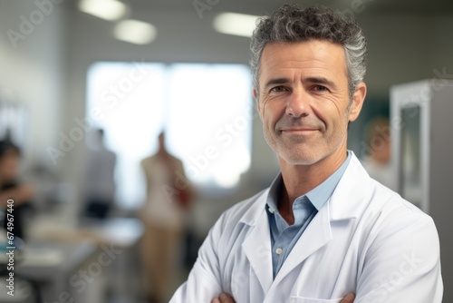 A doctor in a white medical uniform, a successful, intelligent, seasoned, positive one with a smile on his face, conducts an appointment, an experienced doctor in a hospital clinic