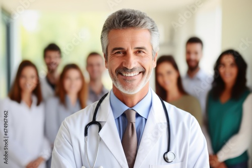 A doctor in a white medical uniform  a successful  intelligent  seasoned  positive one with a smile on his face  conducts an appointment  an experienced doctor in a hospital clinic