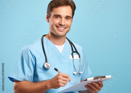 A doctor in a white medical uniform, a successful, intelligent, seasoned, positive one with a smile on his face, conducts an appointment, an experienced doctor in a hospital clinic